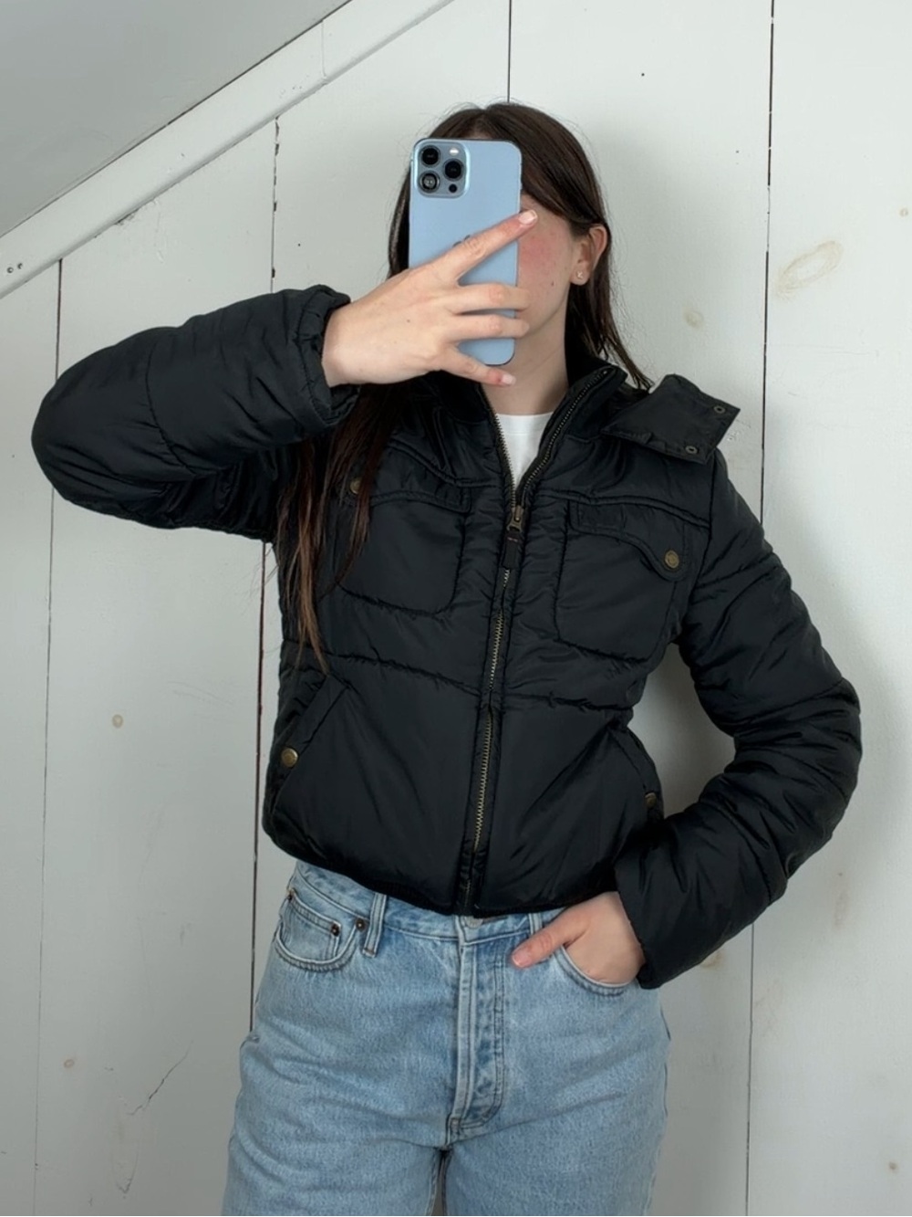 Tommy Hilfiger Black Puffer Hooded Bomber Jacket Women’s Size Small Full Zip Y2K